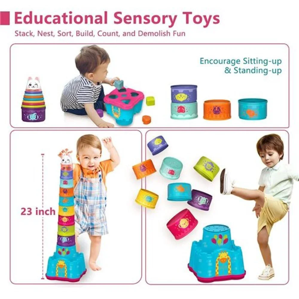 Stackable Blocks Learning Toy with Rattle & Free Frog Bath Toy for Kids